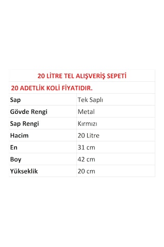 20 Litre Tel Alışveriş El Sepeti 20 Adet / En:31 Boy:42 Yükseklik:20 Cm Metal