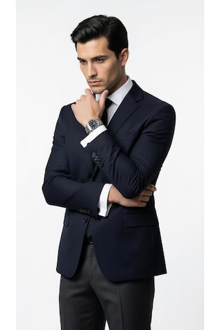 Plus Scorpion Erkek Blazer Ceket Twill Dokuma Likralı Notch Yaka 1 Düğmeli Çift Yırtmaçlı Slim Fit Lacivert