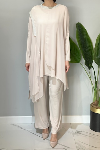 Nuss Tül Detaylı Pantolonlu Takım 3002 Bej Bej