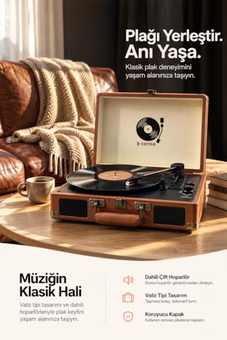 Kensa Bluetooth Lu Nostaljik Çantalı Pikap 33/45/78 Devir Dahili Bataryalı Plak Çalar Ahşap Kahverengi