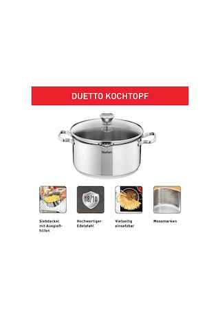 Tefal A70546 Duetto Tencere 24cm İndüksiyona Uygun Bulaşık Makinesinde Temizlenmesi Kolaydır Ölçme Ölçeği Dökme İçin Cam Kapak Paslanmaz Çelik Siyah