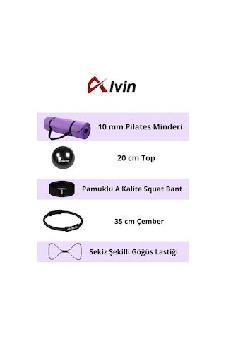 5 Li Pilates Seti 10 Mm Pilates Minderi, 20 Cm Top, 35 Cm Çember, Pamuklu A Kalite Squat Bandı, 8 Mor