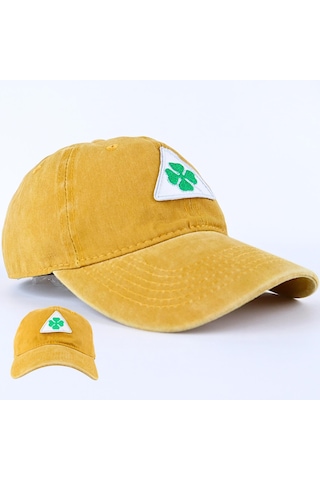 Perlotus Vintage Yıkamalı Pamuk Şapka Dört Yapraklı Yonca Nakışlı Sarı Sarı