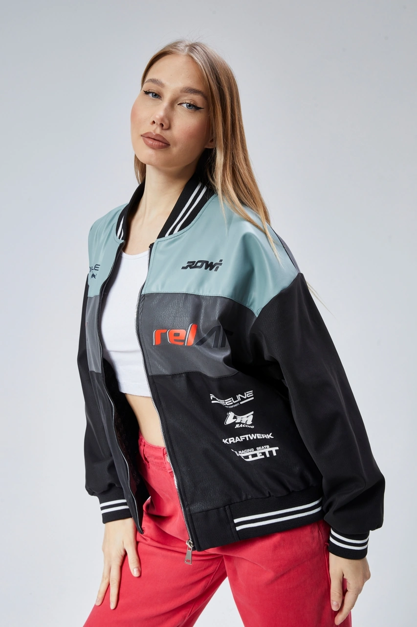 Kadın Oversize Baskılı Motorcu Yarışçı Montu Kolej Ceketi Mint Yeşili