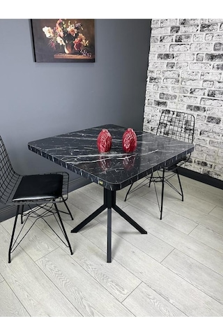 Roma Siyahmermer Mutfak Yemek Masası Balkon Masası Kavisli Köşe Metal Siyah Ayak 80 Cm