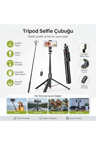 130 Cm Uzayabilen Manyetik Kumandalı Tripod Ve Ayarlanabilir Telefon Tutuculu, Alüminyum Gövdeli Selfie Çubuğu 5570 Diğer