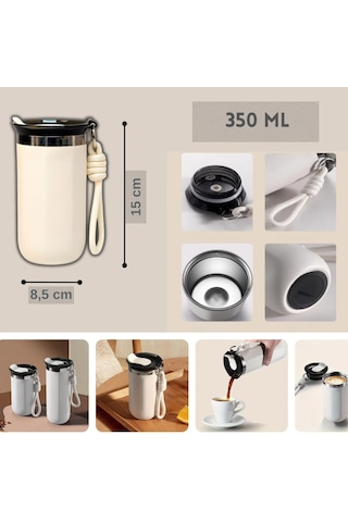 350 Ml Paslanmaz Çelik Bardak Termos, Çift Katmanlı, Sızdırmaz Kapaklı Krem
