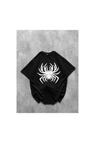 Butik İstanbul Erkek Örümcek Baskılı Tişört Kısa Kollu Bisiklet Yaka T-shirt - Siyah