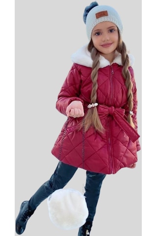 Turuncu Gardrop Çanta Ve Bere Dahil Peluş Detay Kız Çocuk Mont Çok Renkli