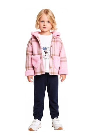 Ersefa Kız Çocuk Üçlü Takım Kapüşonlu Ceket Baskılı Tişört Ve Pantolon K Pembe