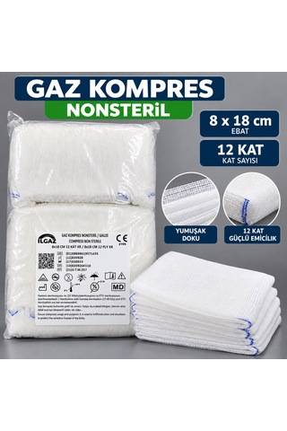 Ilgz Nonsteril Kompres 8 X 18 Cm 12 Kat Yumuşak Dokulu Yüksek Emicilik 1000 Adet