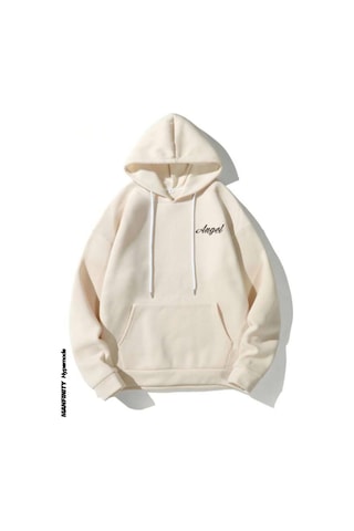 Unisex Bej Sırt Angel Baskı Kapüşonlu Sweatshirt 001