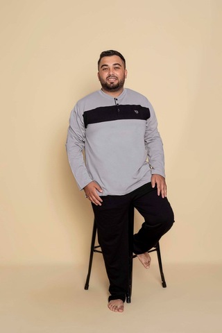 Erkek Büyük Battal Beden Desenli 3 Düğmeli %100 Pamuk Mevsimlik Uzun Kol Cepli Pijama Takımı Taş