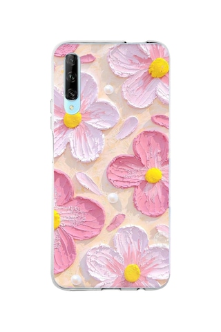 Huawei P Smart Pro Uyumlu Pembe Beyaz Çiçekler Sulu Boya Baskılı Silikon Kılıf