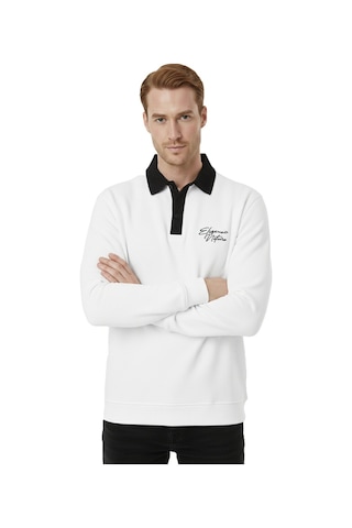 Deepsea Erkek Beyaz Relax Fit İçi Polarlı Polo Yaka Sweatshirt Pamuklu Kalın Sweatshirt 2600762 Beyaz
