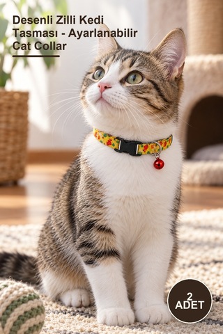 2 Adet Desenli Zilli Kedi Tasması - Ayarlanabilir Cat Collar