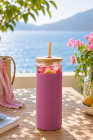 Bambu Pipetli Cam Bardak 550 Ml Silikon Kılıflı Kahve Bubble Tea Ve Su Şişesi - Pembe