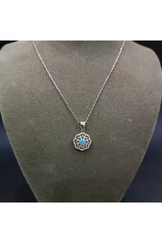 925 Ayar Gümüş Turkuaz Renkli Taş Detaylı Minimalist Kolye Gümüş