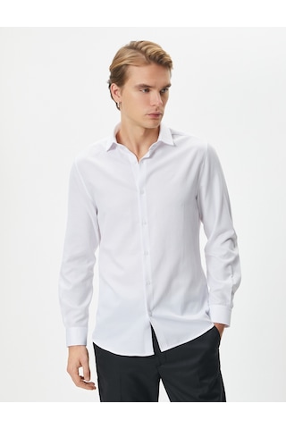 Koton Klasik Gömlek Yarım İtalyan Yaka Düğmeli Uzun Kollu Regular Fit Beyaz 4sam60008hw Beyaz