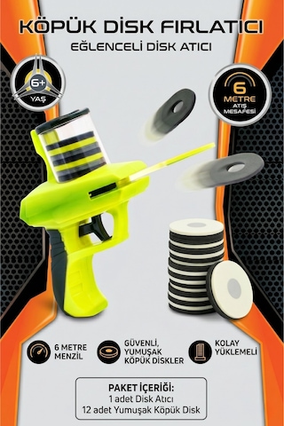 Köpük Disk Fırlatıcı Oyuncak - 12 Diskli Güvenli Set 6+ Yaş