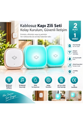 Hpytech Kablosuz Kapı Zili Seti 2 Alıcılı Ip44 Su Geçirmez 38 Melodi 433mhz Kolay Montaj