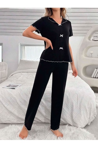 İkikareshop Kadın Siyah Fiyonk Detaylı Yumuşak Pamuklu Uzun Pijama Takımı 5130 Çok Renkli