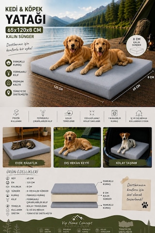 Xl Büyük Irk Köpek Yatağı Süngerli Fermuarlı Yıkanabilir Kılıflı Köpek Minderi 65x120x8 Cm-gri