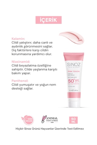 Sinoz Pink Touch Spf 50 Cilt Aydınlatıcı Ton Eşitleyici Pembe Yüz Tüm Ciltler İçin Güneş Kremi 50 ML