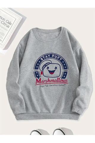 Uyguntarz Unisex Sevimli Marshmallows Baskılı Oversize Sweatshirt Gri