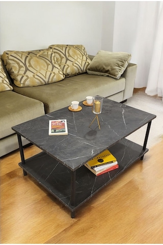 Dikdörgen Orta Sehpa Ahşap Ayaklı Sehpa Iki Raflı Sehpa Dekoratif Sehpa Gazetelikli-mermer-90x60 Mermer