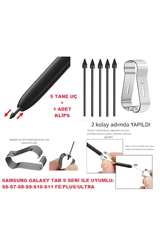 Samsung Uyumlu S Pen Uç Galaxy Tab S Serisi İle Uyumlu Lite,fe,ultra S6,s7,s8,s9,s10,s11 5 Adet Siyah
