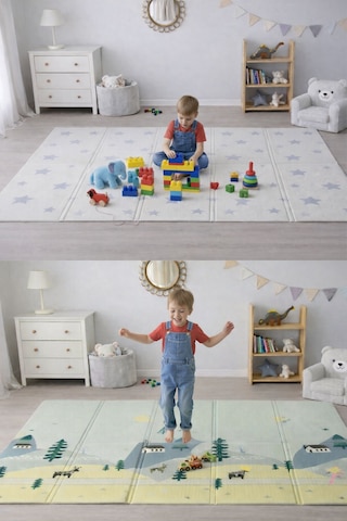 Pureza Çift Taraflı Katlanabilir Oyun Matı 200CMX130CMX1CM Kaymaz, Darbe Emici, Su Geçirmez, Geyik Vadisi/Yıldızlar|Taşıma Çantası Hediyeli (Yerli Üretim)