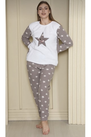 Fames Pijama Büyük Beden Polar Pijama Takım Gri-beyaz