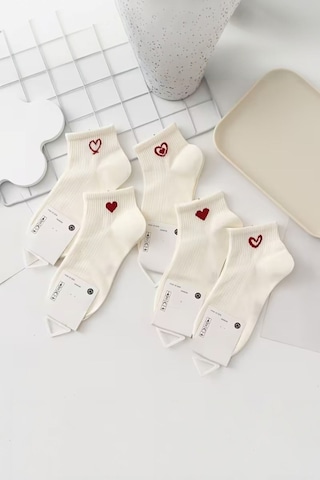 Hitit Socks Kadın 5 Çift Kalp Desenli Kısa Patik Çorap Ekru Çok Renkli