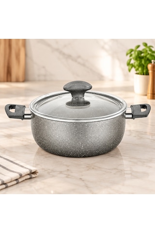 Granit Derin Tencere 24 Cm Cam Kapak Gri Kırçıllı Renkli