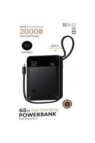 20000mah 65w Hızlı Şarj Dijital Göstergeli Type-c Kablolu/girişli Askılı Powerbank - Siyah siyah