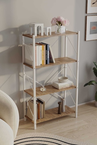 Dört Katli Çok Amaçli Rafli Kitaplik Beyaz Profil Çam Sunta 60x24x115 Cm Mtl020 Beyaz-çam