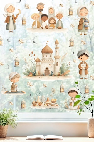 Ramazan Temalı Çift Taraflı Cam Sticker Seti Çocuklar İçin Sevimli İslami Figürler & Cami Tasarımları Dijital Baskı