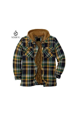 Kalın Pamuklu Ekose Uzun Kollu Bol Kapüşonlu Erkek Ceketi Yeşil