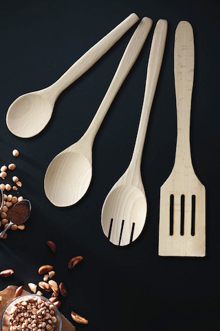 Standlı Ahşap Tahta Kaşık Servis Sunum Ahşap Doğal Ağaç 5 Parça