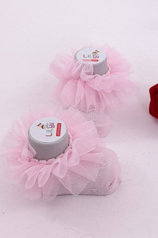Burçak Çorap Soft Yıkamalı Kız Bebek Çorabı - Tül Ve Güpür Detaylı Pamuklu Model 4'lü Pembe