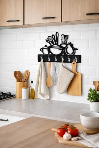 Mutfak Temalı Duvar Askılığı 6 Kancalı Mdf Duvar Askısı 39 X 29 Cm Siyah Siyah