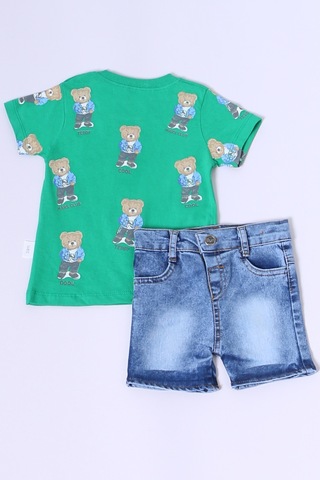 Erkek Bebek Şortlu Takım Kot Şortlu Çıtçıt Detaylı Baskılı B26 Yeşil