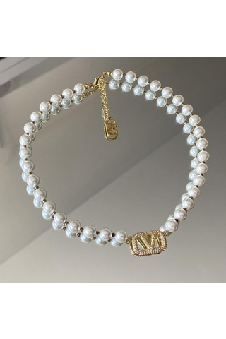 V Taşlı Çelik İnci Kolye Çok renkli