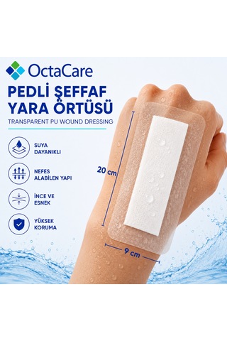 Octacare Su Geçirmez Pedli Şeffaf Pu Film Steril Yara Örtüsü 9cm 20cm 50 Adet