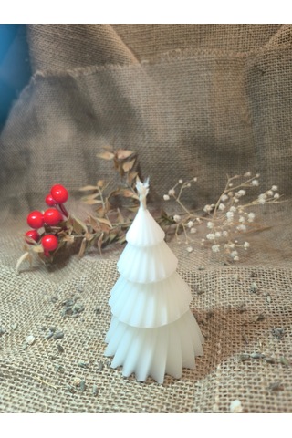 Çam Ağacı Desenli Yılbaşı Konseptli Dekoratif Mum, Tek Renk Beyaz