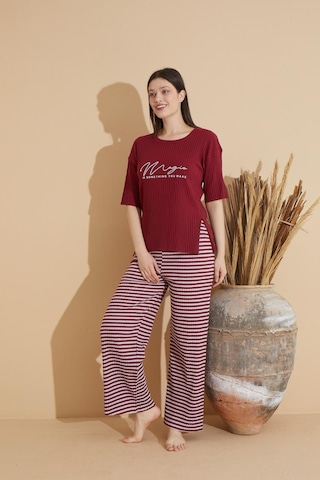 Lukitus Kısa Kollu İnce Triko Desenli Kadın Pijama Takımı Bordo