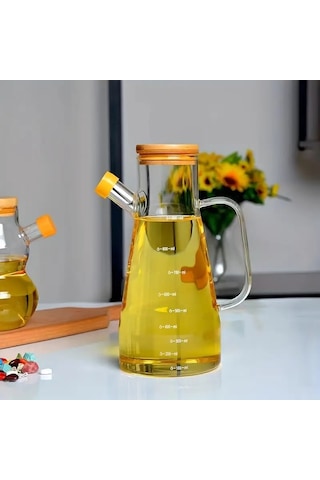 2'li Bambu Kapaklı Ahşap Standlı Camlı Yağdanlık & Sirkelik & Zeytinyağı Şisesi 900 Ml 3lü Set Krem