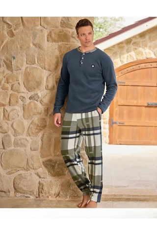 Pijamoni Erkek Düğme Yaka Kışlık Polar Pijama Takımı 6100/18 - 1 Adet İndigo