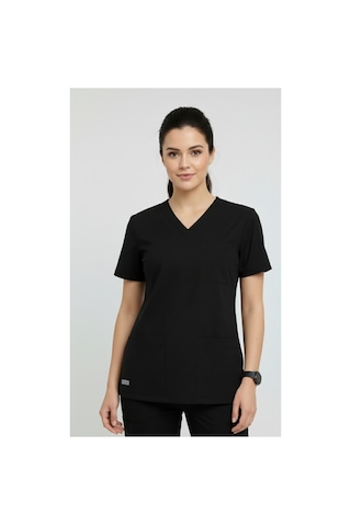 Tek Üst Siyah Unisex Doktor Ve Hemşire Forması Scrubs Likralı Yarasa Kol